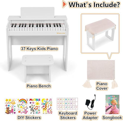 Kids Piano Keyboard, 37 Keys Wooden Digital Piano for Kids with Bench,Song Book, DIY Stickers, Cover, Education Creative Musical Instruments Toy for Boys & Grils Gifts