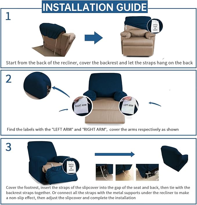 XINEAGE 4 Pieces Recliner Cover Stretch Jacquard Recliner Chair Covers Soft Recliner Slipcovers with Pocket for Kids and Pets, Washable Couch Cover (Recliner, Navy Blue)