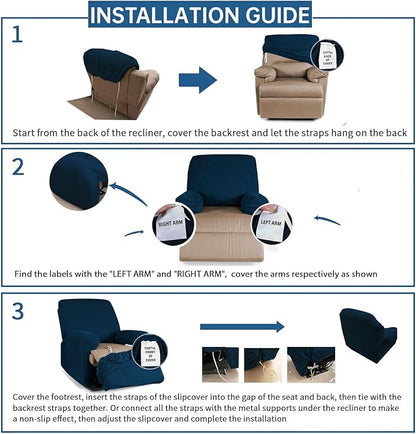 XINEAGE 4 Pieces Recliner Cover Stretch Jacquard Recliner Chair Covers Soft Recliner Slipcovers with Pocket for Kids and Pets, Washable Couch Cover (Recliner, Navy Blue)