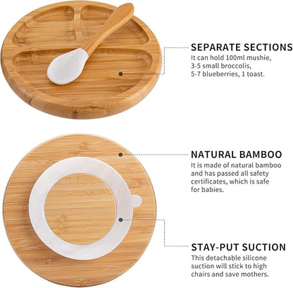 Baby Divided Bamboo Plates, Bowls with Suction and Matching Spoon Set, 3 Piece Feeding Supplies Set for Infant, Toddlers, Detachable Silicone Suction Stay Put Base for Wooden Bowl, Plate
