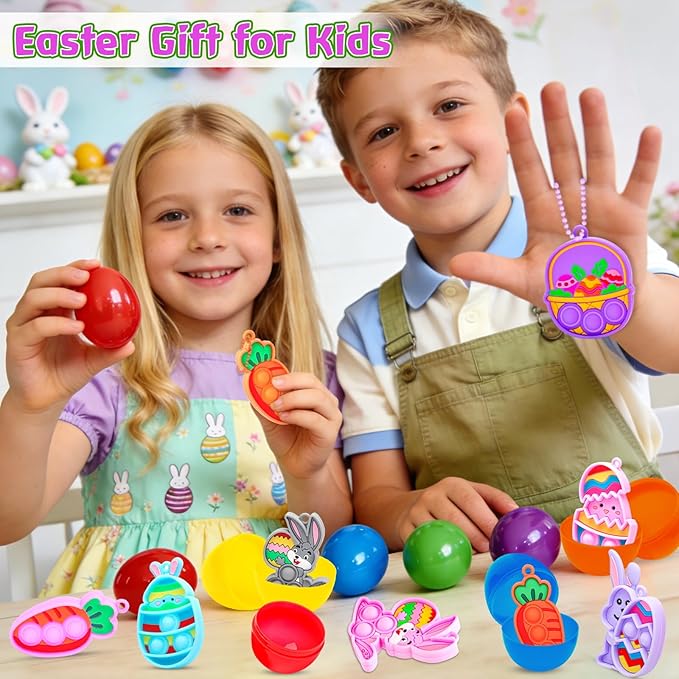 Easter Pop Fidget Toys for Kids, 24 Pack Filled Easter Eggs with Mini Fidget Pop keychain Toys,Idea for Easter Egg Hunt Toys, Basket Stuffers&Party Favors