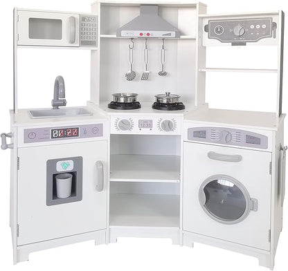 TaoHFE Corner Play Kitchen with Lights and Sounds White Kitchen Kids Toddler Kitchen Set with Washer Chalkboard Wooden Kitchen Kids Playset with Washing Machine Range Hood Girls Boys Gift for Ages 3+