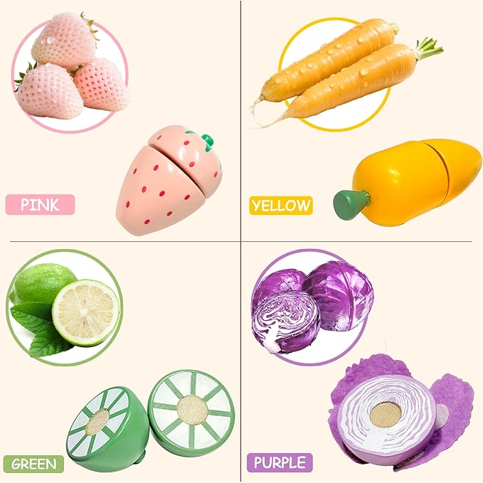 WHOHOLL 42 Pcs Play Food Set for Play Kitchen Accessories, Wooden Toys Pretend Cutting Food, Montessori Fruit and Veggies Christmas Birthday Gifts for Toddlers 3+ Years Old Girls Boys