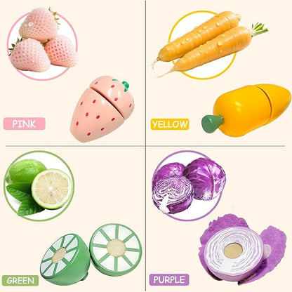 WHOHOLL 42 Pcs Play Food Set for Play Kitchen Accessories, Wooden Toys Pretend Cutting Food, Montessori Fruit and Veggies Christmas Birthday Gifts for Toddlers 3+ Years Old Girls Boys