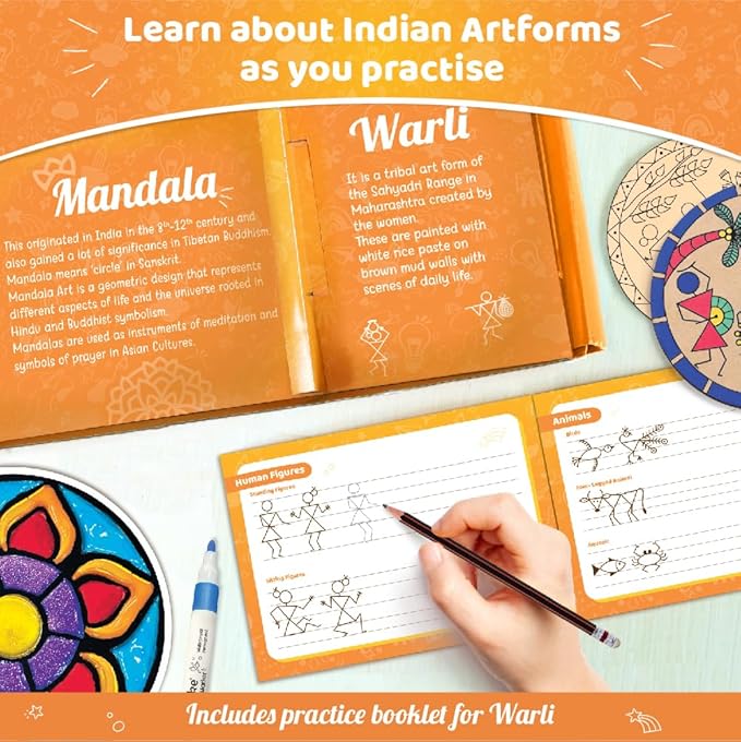 Imagimake Indian Art Forms- Arts and Crafts for Kids Ages 8-12, Learn 5 Indian Art Forms-Madhubani, Warli, Lippan, Mandala & Block Printing Arts, DIY Craft Kit for Girls & Boys- Gift for Kids