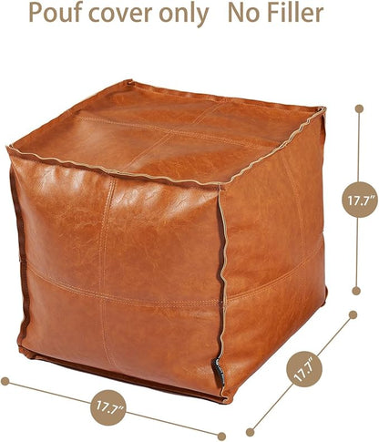Louis Donné Moroccan Unstuffed Pouf Cover, Faux Leather Poofy Ottoman Footstool For living room Decoration Square Foot Rest for Storage Orange Floor Cushion Footrest 17.7 Inch (Only Cover) (No Filler)