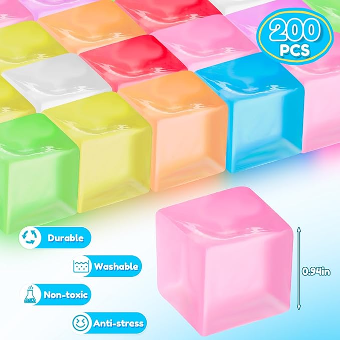 Simgoing 200 Pcs Mini Ice Cube Stress Balls Bulk Fidget Squeeze Square Ball Stress Relief Sensory Playthings Ice Cube for Adults Birthday Valentines Gifts Party Favor Prize Bags Box Filling, 8 Colors