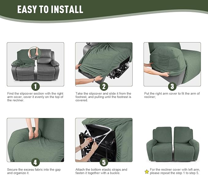 KinCam Recliner Covers, Stretch Reclining Chair Covers, Recliner Sofa Slipcovers Stripe Jacquard Recliner Couch Covers Furniture Protector Covers for Pet Kid (2 Seater, Greyish Green)