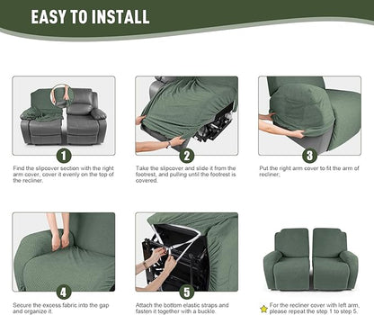 KinCam Recliner Covers, Stretch Reclining Chair Covers, Recliner Sofa Slipcovers Stripe Jacquard Recliner Couch Covers Furniture Protector Covers for Pet Kid (2 Seater, Greyish Green)