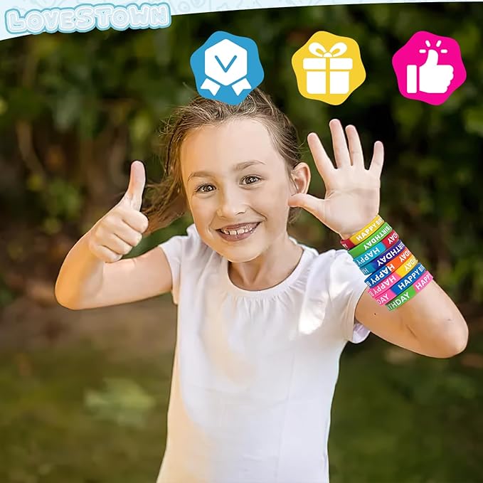 LovesTown 24PCS Happy Birthday Rubber Bracelets, Silicone Stretch Wristbands for Kids Party Supplies