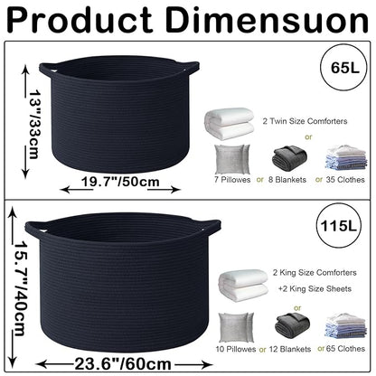 115L Large Blanket Basket,23.6" L x 23.6" W x 15.7" H Rope Woven Baskets with Handles, Toys Storage Bins,Laundry Basket Perfect for Living Room, Nursery,Bedroom,Home Organization,Navy