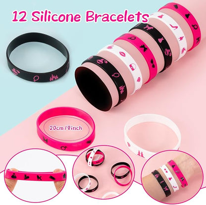 110 Pink Party Favors Princess Birthday Supplies Straw Bubble Silicone Bracelet Keychain Tattoo Sticker Girl Kid Toy Gift Goodie Bag Stuffer Filler Makeup Party Decorations