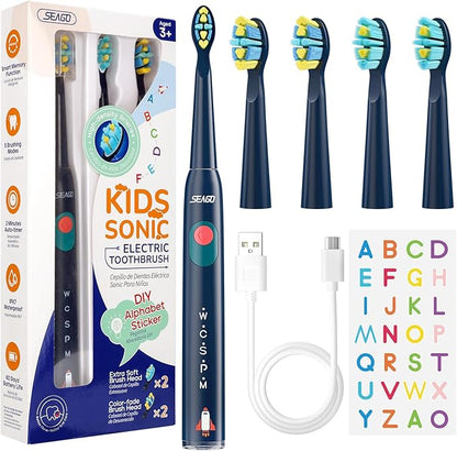 SEAGO Kids Electric Toothbrush, Sonic Soft Bristle Rechargeable Toothbrushes with DIY Stickers, 5 Modes, Includes 4 Replacement Brush Heads, Ages 3 to 12 Years Old (Navy)