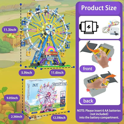 Rotating Ferris Wheel Building Blocks Set Toys with Lighting Kit, Carnival Amusement Park Construction Kits for Kids Children, Great Gift for Age 6+ Years Old（813pcs）-Pink