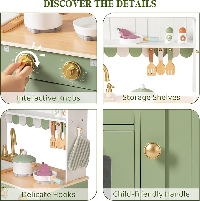 ROBUD Wooden Play Kitchen Set for Kids, Pretend Play Kitchen Toy Set with Golden Faucet, Sink, Oven, Stove, Cabinet, Vintage Style, Gift for Boys & Girls Ages 3+ (Green)