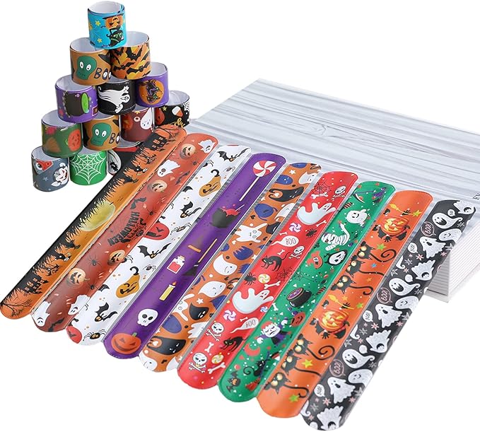 120 Pcs Friendship Bracelets Halloween Slap Bracelets Party Favors for Kids - 60 Different Design Bracelets Halloween Party Supplies and Decorations Snap Bracelets with Halloween Classies Pattern