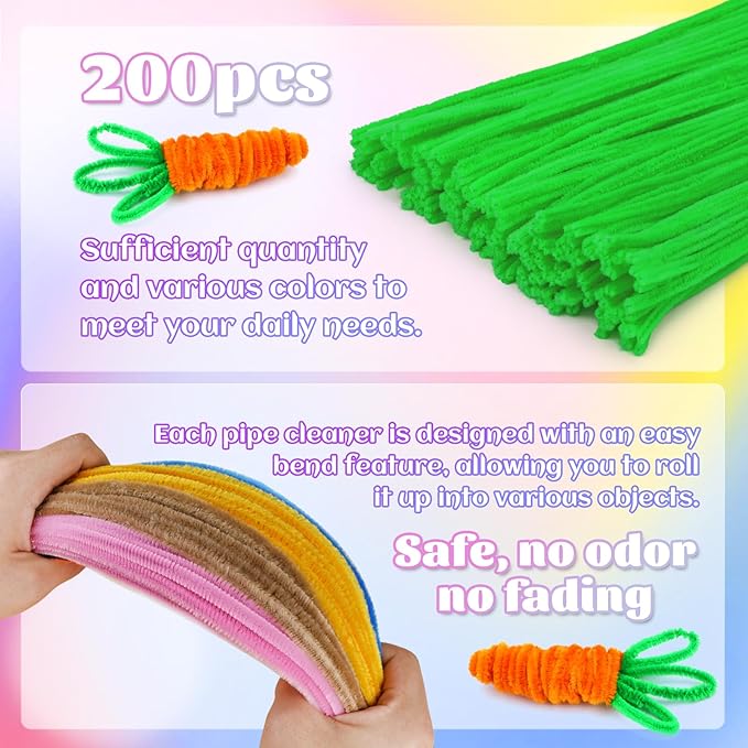 LOKUNN Pipe Cleaners, 200 Pcs Fruit Green Pipe Cleaners Craft Set, Solid Color Chenille Stems, DIY Arts and Crafts with Adhesive Eyes and Storage Box, Christmas Mother's Day Decoration Art Supplies
