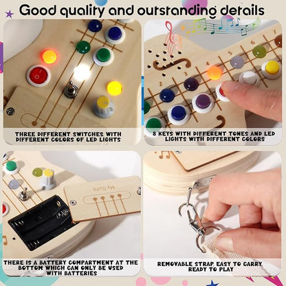 LED Busy Board, Wooden Sensory Toys for Toddler, Montessori Music Toy for Airplane, Travel Activity Educational Learning Toy, Busy Light Switch Autism Toys, Birthday Boys Girls Gifts