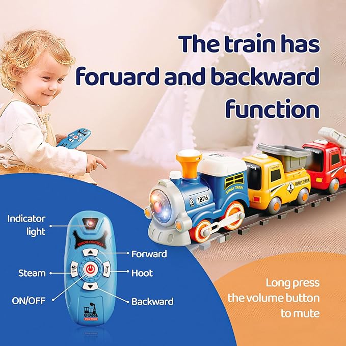 Train Toy for Kids 3-8, Remote Control Train Set with Lighting & Music & Water Steam for 3+ Boys, Electric Train Set with Train Tracks Accessories, Gift for Toddlers Girls Age 4 5 6 7 8