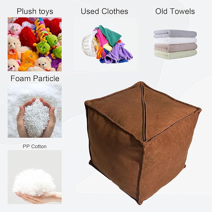 Louis Donné Unstuffed Ottoman Pouf Cover, Soft Handmade Pouf Ottoman Cover Foot Stool, 17.72" Square Small Bean Bag, Ottoman Foot Rest with Storage for Living Rooms Bedrooms, Brown (ONLY Cover)