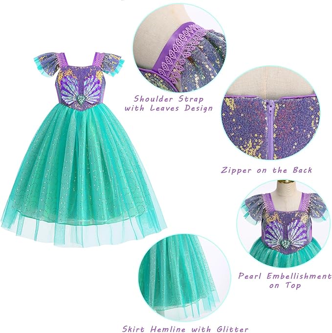 Foierp Mermaid Costume for Girls Little Princess Mermaid Dress up for Kids with Accessory Party Christmas Halloween Outfit