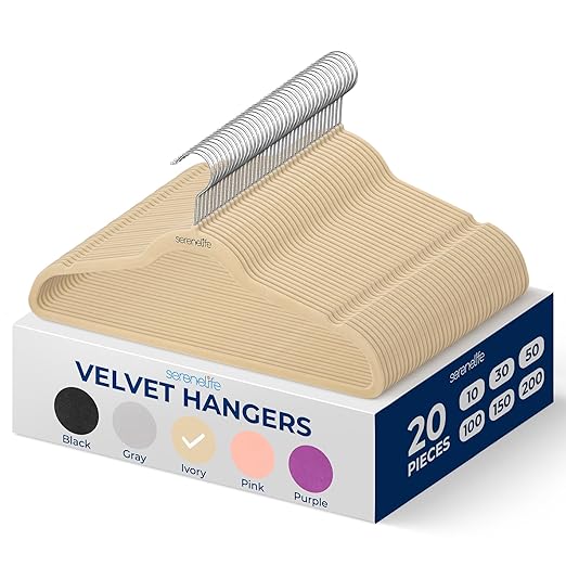 SereneLife Velvet Hangers 20 Pack - Non-Slip Felt Hangers with 360° Swivel Hook - Ultra-Thin, Lightweight Velvet Hangers for Shirts, Sweaters, Hoodies, Kids Clothes & Dresses - Space-Saving, Ivory