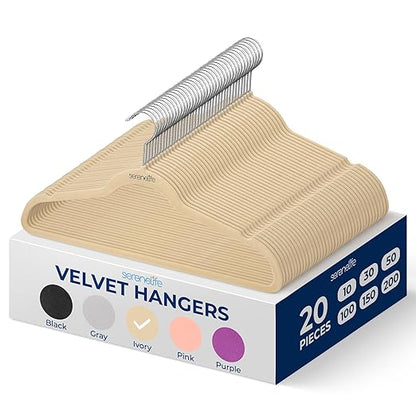 SereneLife Velvet Hangers 20 Pack - Non-Slip Felt Hangers with 360° Swivel Hook - Ultra-Thin, Lightweight Velvet Hangers for Shirts, Sweaters, Hoodies, Kids Clothes & Dresses - Space-Saving, Ivory
