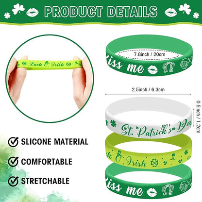 St. Patrick's Day Silicone Bracelet Green Shamrock Rubber Wristbands Bracelets Lucky Clover Silicone Bracelets for Irish Party Favor Supplies Decorations Gifts for Adult