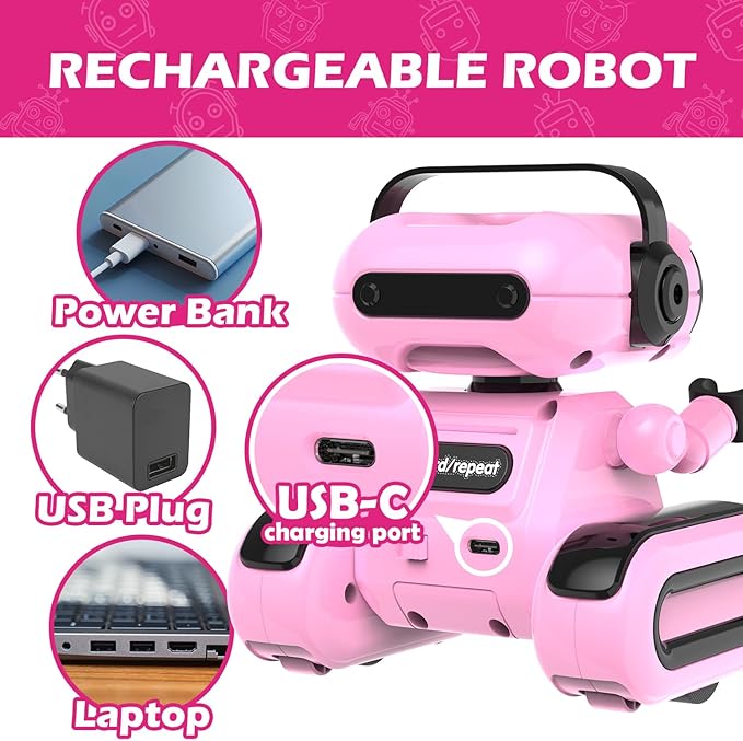 Robot Toys for Girls, Rechargeable Remote Control Toys for Girls 5-7, Kids Toy Robots with Auto-Demo, Recording, Repeat, Flexible Head & Arms, Dance, Music, Gift Ideas for Birthday Xmas – Pink
