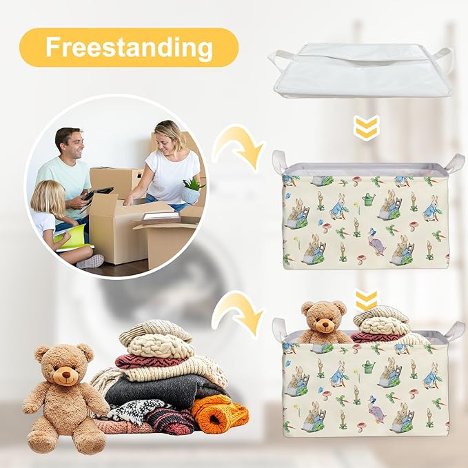 Rabbit Foldable Handle Storage Basket, Waterproof Organizer for Nursery, Bunny Square Toys Bin, Rectangular Book Box, Versatile Clothes Container, Gift Hamper for Girls and Boys Home Decor