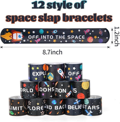 144 Pieces Space Slap Bracelets Astronaut Planet Rocket Space Ship Wristbands Bracelets Fun Words Printed Slap Bracelets Wristband for Party Favor Gifts School Classroom Prize Exchange,12 Styles