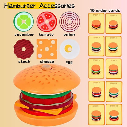 Montessori Toys for 3+ Year Old, Wooden Hamburger Stacking Food Toys for Toddlers 3 4 5, Preschool Learning Activities Fine Motor Toys, Kids Educational Gift for Boys Girls Birthday Christmas