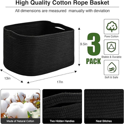 ICERZCZ Large Storage Baskets for Organizing Shelves, Woven Cotton Rope Bins for Baby Nursery Organization, Book Toy Towel Organizer, 17"x13"x9.5", 3 Packs, Black