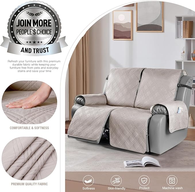 TAOCOCO 100% Waterproof Oversized Loveseat Recliner Cover, Non Slip Split Loveseat Covers for Reclining Loveseat with Elastic Straps for Kids Pets(Oversized 2 Seater, Cream)