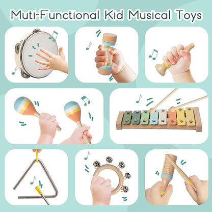Toddlers Musical Instruments - Montessori Musical Toys for Toddlers 1-3，Modern Boho Xylophone，Neutral Colors Wooden Percussion Instruments Set