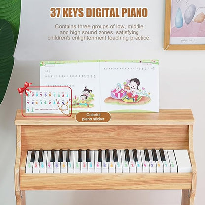 Wooden Kids Piano, 37 Keys Toddler Piano Music Educational Instrument Toy with Music Stand, Color Coded keyboard Stickers, Multiple Sounds and Record Playback, Gift for 3 4 5 6 7 8 9Years Old