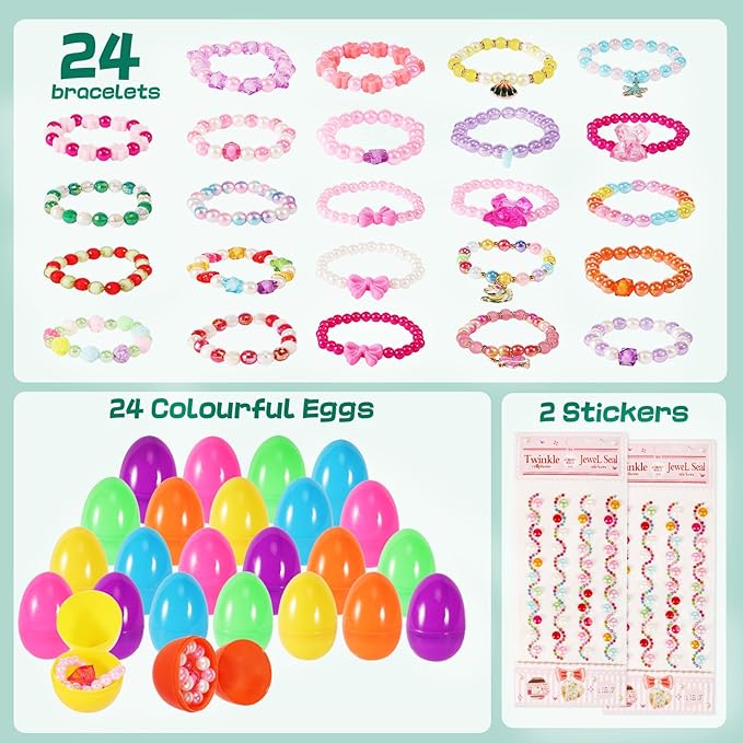 24 PCS Easter Eggs Prefilled with Bracelets, Easter Kids Basket Stuffer, Pre Plastic Easter Eggs Stuffers Easter Toys for Easter Eggs Hunt Game, Girls Easter Party Favor, Classroom Prize Supplies