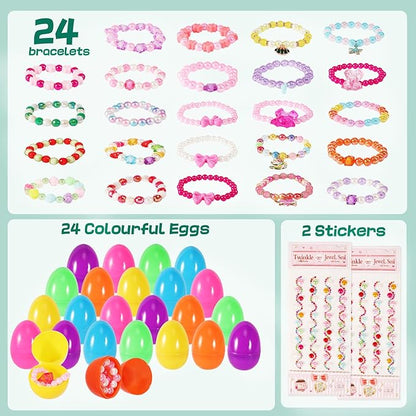 24 PCS Easter Eggs Prefilled with Bracelets, Easter Kids Basket Stuffer, Pre Plastic Easter Eggs Stuffers Easter Toys for Easter Eggs Hunt Game, Girls Easter Party Favor, Classroom Prize Supplies