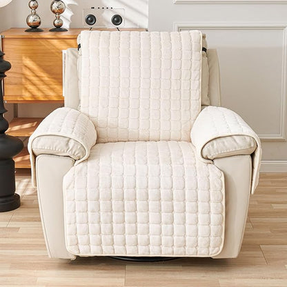 Quilted Recliner Chair Covers, Plush Non Slip Chair Slipcover Soft Washable Couch Cover Furniture Protector with Elastic Straps and Pocket for Kids, Dogs, Pets (Beige, 1 Seater)