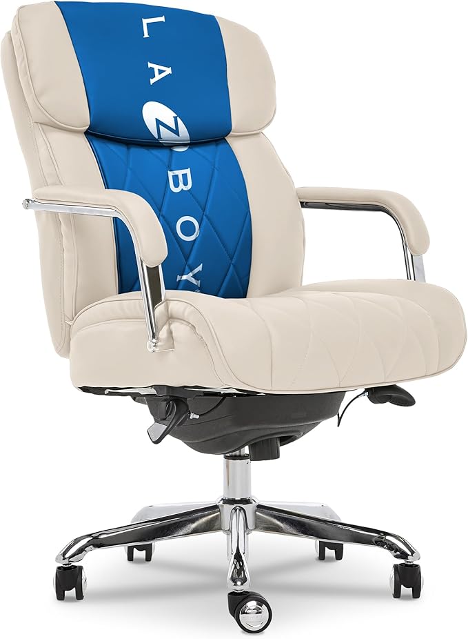 La-Z-Boy Sutherland Quilted Leather Executive Office Chair with Padded Arms, High Back Ergonomic Desk Chair with Lumbar Support, Ivory White Bonded Leather