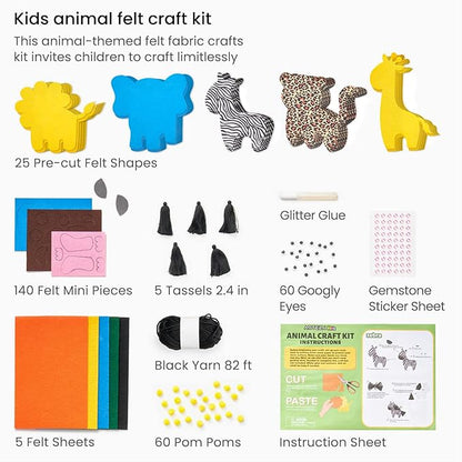 ARTEZA Kids Felt Kit, 357 Pieces, 25 Pre-Cut Animal Shapes, 5 Felt Sheets, 140 Mini-Pieces, Gemstone Stickers, Yarn, and Glue