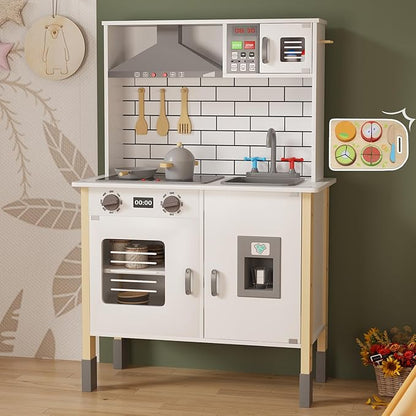 Play Kitchen for Kids, Wooden Kitchen Playset with Fruit Set, Light, Stove, Sink and Accessories, Interactive Toy Kitchen Gift for Boys Girls, White