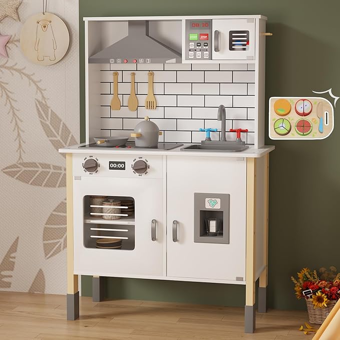 Play Kitchen for Kids, Wooden Kitchen Playset with Fruit Set, Light, Stove, Sink and Accessories, Interactive Toy Kitchen Gift for Boys Girls, White