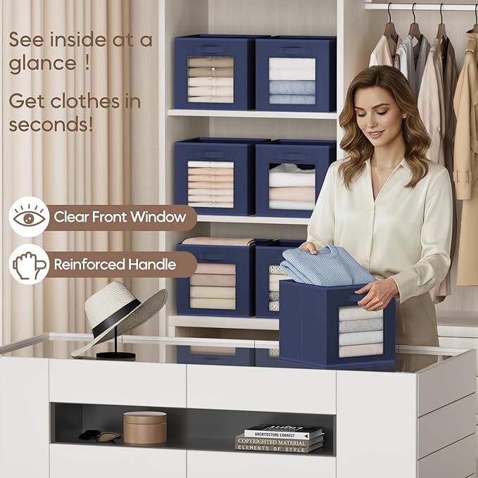 Homsorout Storage Cube 11 Inch - Cube Storage Bins with Window, Closet Storage Baskets with Handle, Fabric Bins for Closet, Shelves, Toys, Clothes, Set of 16, Navy Blue
