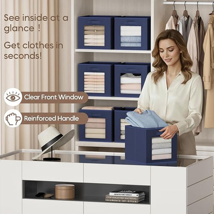 Homsorout Storage Cube 11 Inch - Cube Storage Bins with Window, Closet Storage Baskets with Handle, Fabric Bins for Closet, Shelves, Toys, Clothes, Set of 16, Navy Blue
