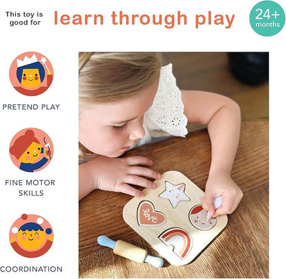 Mentari Toys - Cookie Cutting Set - 7pc Wooden Cookie Play Food Set with Accessories - Pretend Play Cookies and Baking for Toddlers - Shape Sorting Imaginative Play Set for Toddlers - Age 2+