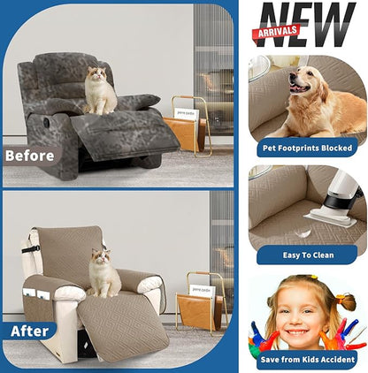 XINEAGE 100% Waterproof Recliner Cover, Non Slip Recliner Chair Cover with Elastic Band, Washable Recliner Slipcover with Storage Pockets for Kids, Pets (Khaki, 25")
