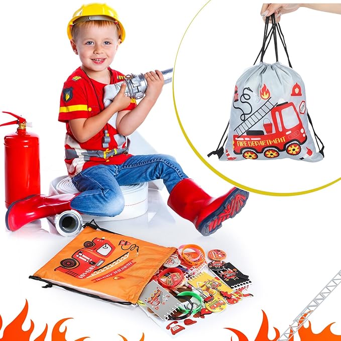 144 Pcs Firefighter Party Favors Fireman Themed Party Supplies Firemen Truck DIY Stickers Drawstring Bags Mini Notepads Silicone Wristbands Bracelets Keychain Button Pins Flexible Soft Pencil