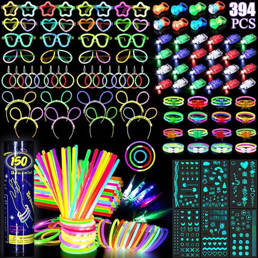 394 Pcs Glow in the Dark Party Supplies for 16 Kids Adults, Light Up Party Favors,150 Glow Sticks Bulk Party Pack (for Glow Glasses,Earring,Bunny Ear Headband,Bracelets, Necklaces), Glow Party Favors