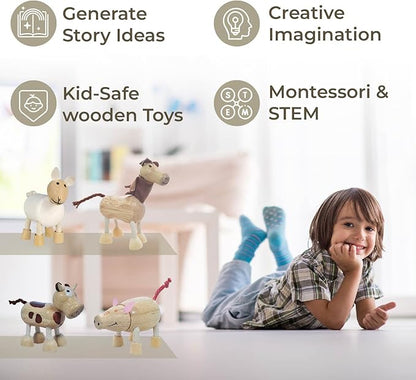 TEKOR Wooden Bendable Farm Animal Toys (Set of 4) | Ages 3 & Up | Early Education Toy Animals for Kids | Fun Montessori Toys | Smooth Natural Wood | Endless Play for Girls & Boys | Non-Toxic Paint |